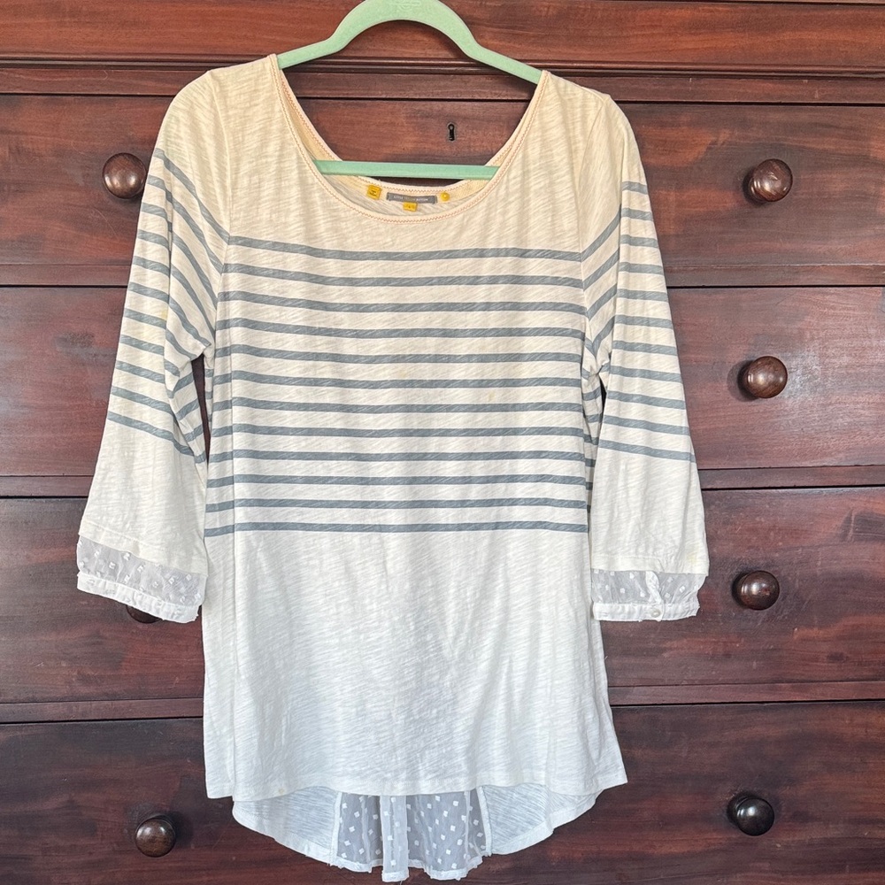 Anthropologie Off White and Blue Striped Blouse